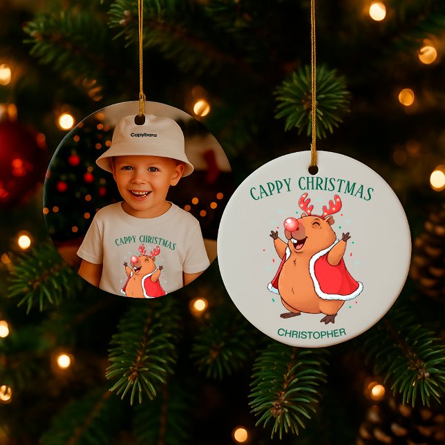 Cappy Christmas Funny Capybara Custom Photo & Name Ceramic Tree Decoration (Creator Uploaded)
