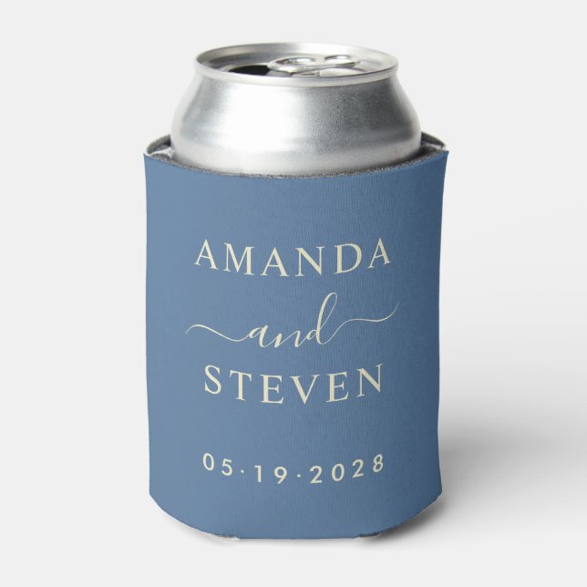Capri Blue Couple Names with Wedding Date Can Cooler (Can Front)