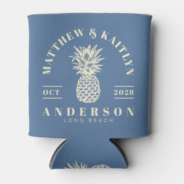 Capri Blue Tropical Pineapple Wedding Crest Can Cooler (Front)