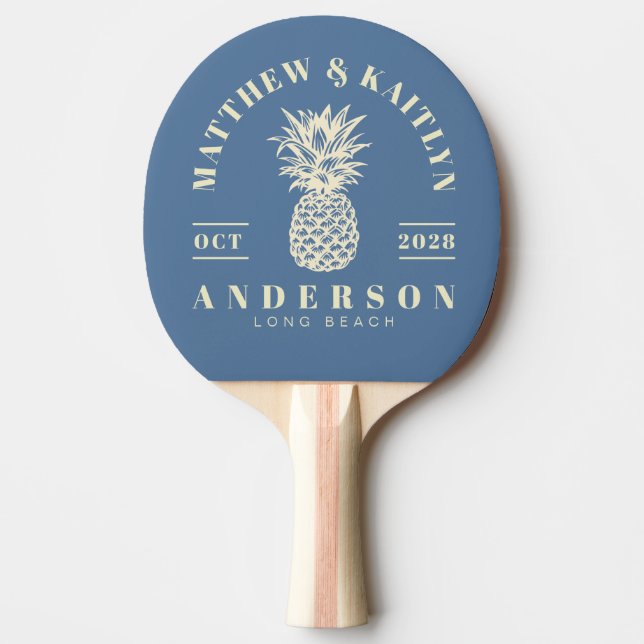 Capri Blue Tropical Pineapple Wedding Crest Ping Pong Paddle (Front)