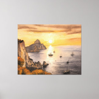 Capri faraglioni rocks ocean sunset drawing with s canvas print