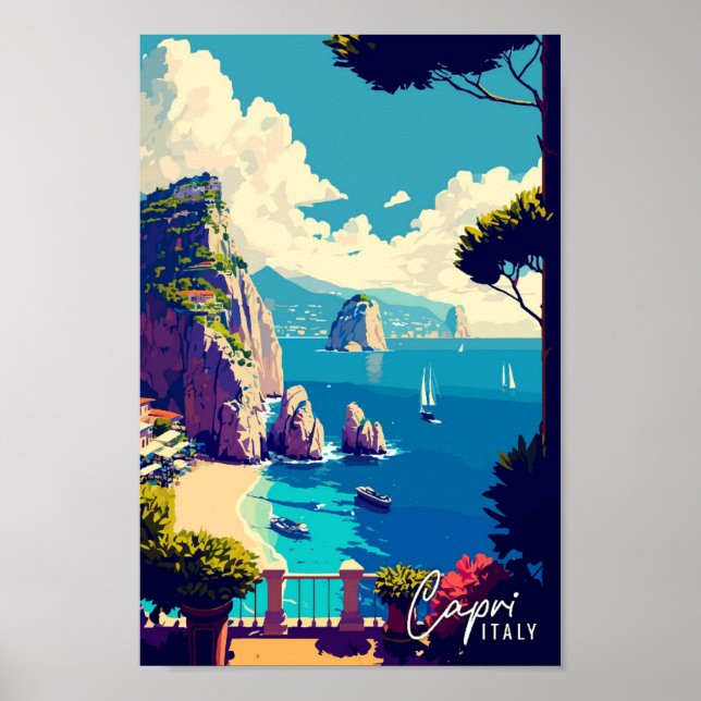 Capri Italy Art vintage travel illustration Poster (Front)