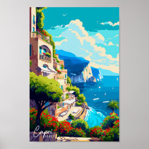 Capri Italy vintage travel illustration Poster
