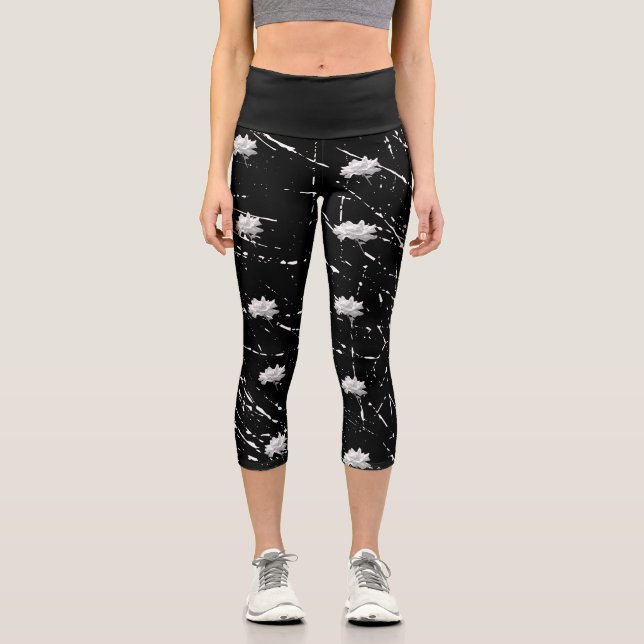 Capri Leggings Black White Roses & Scratches (Front)