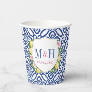Capri Lemons Blue White Tiles Wedding Crest Shower Paper Cups