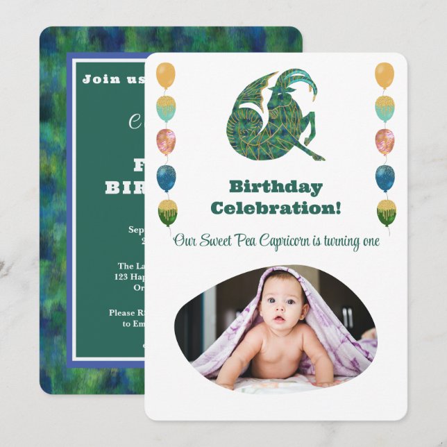 Capricorn 1st Birthday Photo Impressionist Gold Invitation (Front/Back)