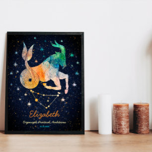 Capricorn Constellation Zodiac Watercolor Galaxy Poster