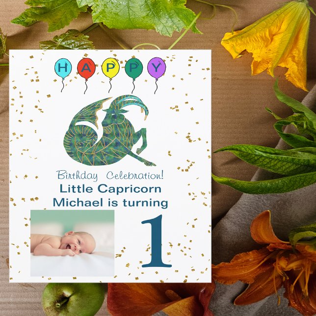 Capricorn First Birthday Gold, & Photo Invitation (Creator Uploaded)