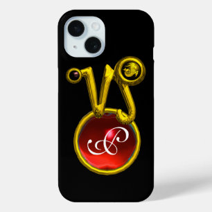 CAPRICORN GOLD ZODIAC SIGN RED RUBY MONOGRAM iPhone 15 CASE