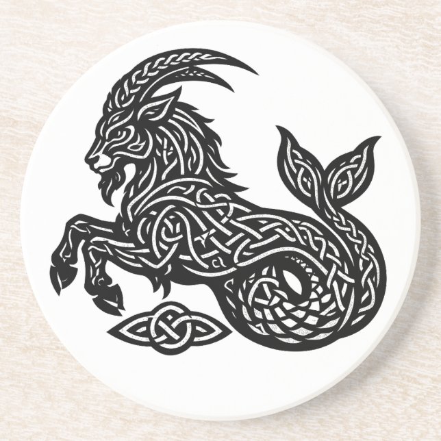Capricorn — Haunted Ink Zodiac Goat‑Fish Coaster (Front)