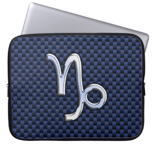 Capricorn Sign Navy Blue Carbon Fibre Style Laptop Sleeve