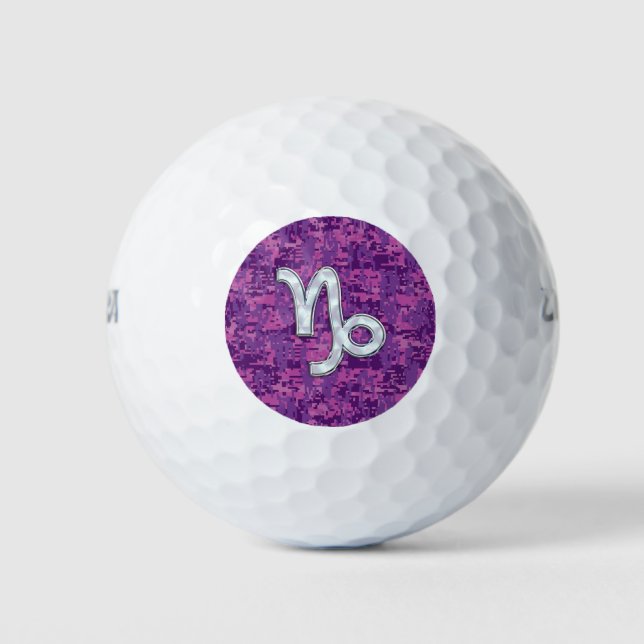 Capricorn Sign on Fuchsia Digital Camouflage Golf Balls (Front)
