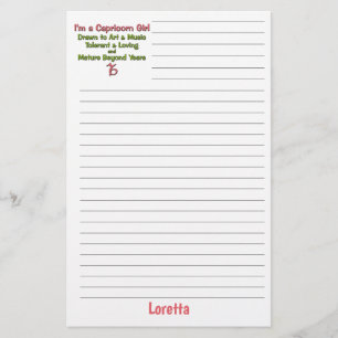 Capricorn Zodiac Girl's with Lines and Name Stationery