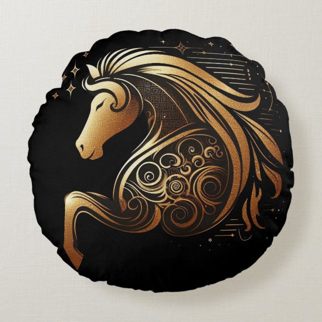 Capricorn Zodiac Gold Horse Astrology Round Cushion (Front)