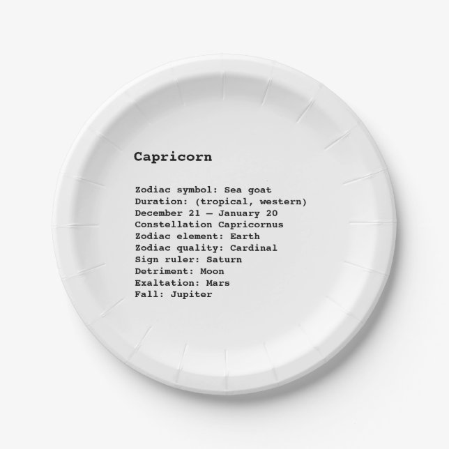 Capricorn Zodiac Sign Astrology black white birth Paper Plate (Front)