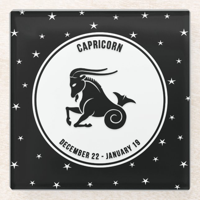 Capricorn Zodiac Sign, Black & White Glass Coaster (Front)