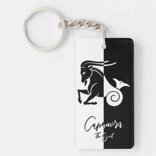 Capricorn Zodiac Sign, Black & White Keychain (Front)