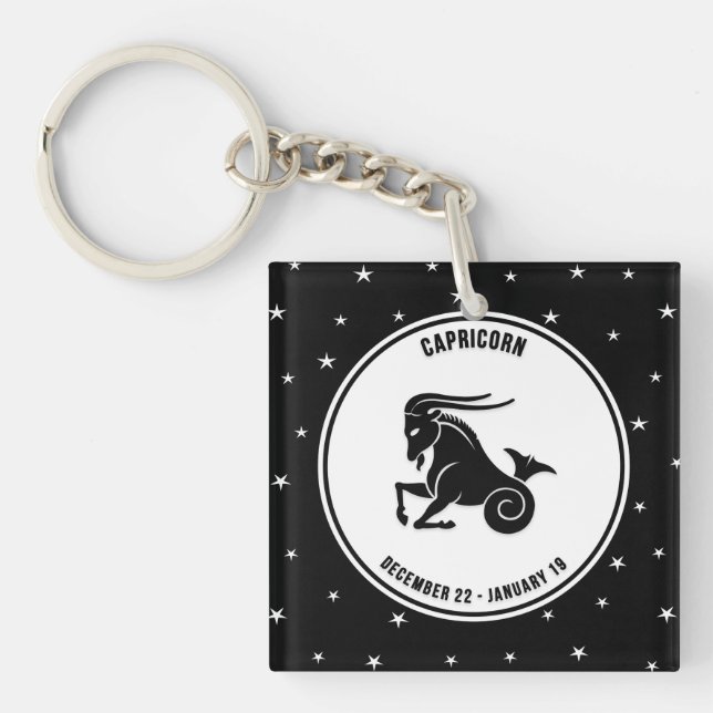 Capricorn Zodiac Sign, Black & White Keychain (Front)