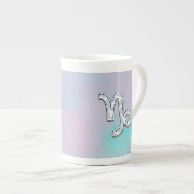 Capricorn Zodiac Sign on Mother of Pearl Style Bone China Mug (Front Right)