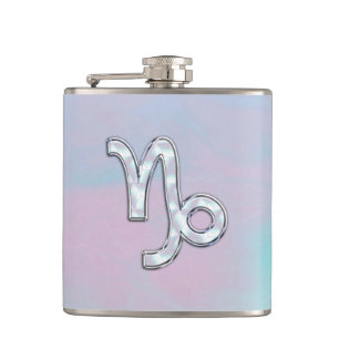 Capricorn Zodiac Sign on Mother of Pearl Style Hip Flask