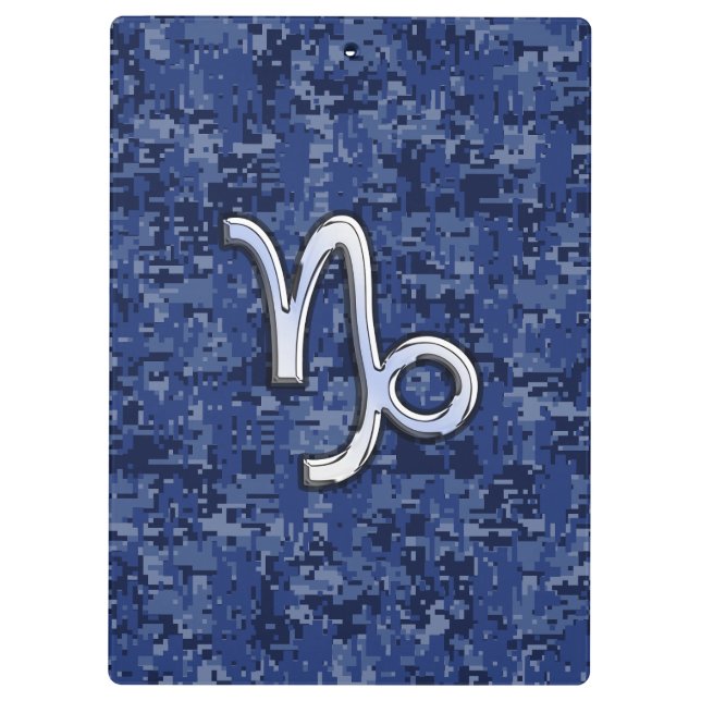 Capricorn Zodiac Sign on navy blue digital camo Clipboard (Back)