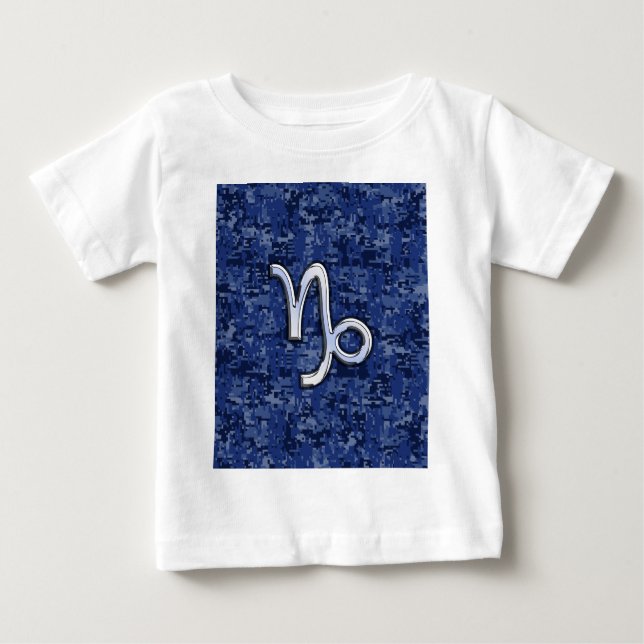 Capricorn Zodiac Sign on Navy Digital Camouflage Baby T-Shirt (Front)