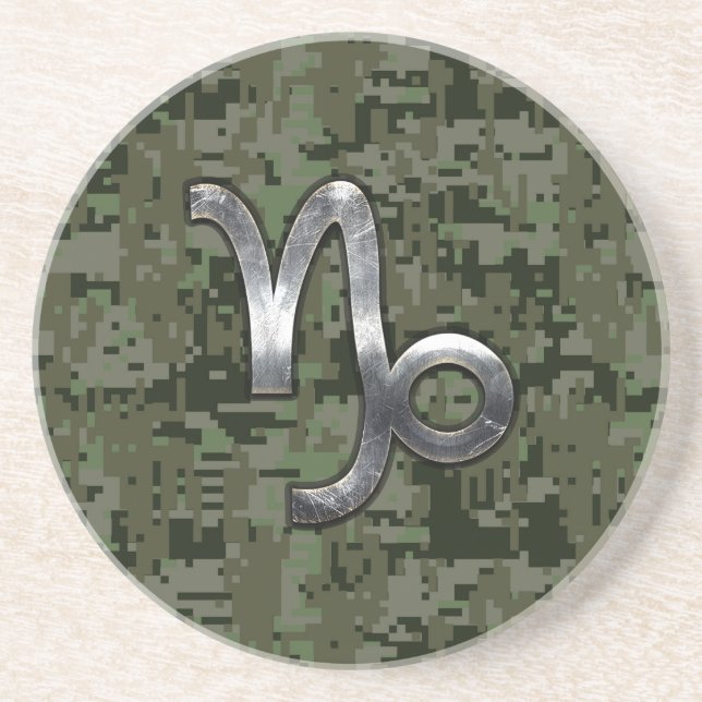 Capricorn Zodiac Sign on olive green digital camo Coaster (Front)