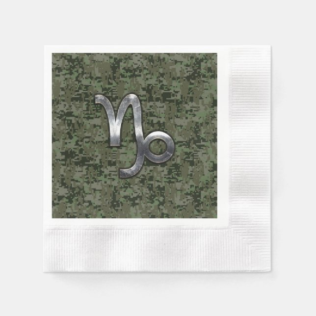 Capricorn Zodiac Sign on olive green digital camo Napkin (Front)