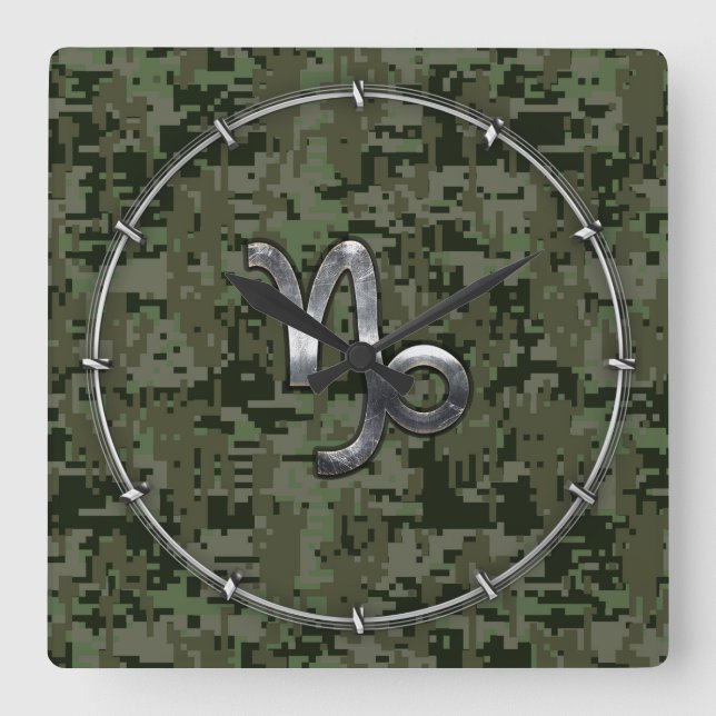 Capricorn Zodiac Sign on olive green digital camo Square Wall Clock (Front)