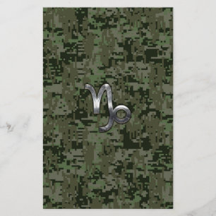 Capricorn Zodiac Sign on olive green digital camo Stationery