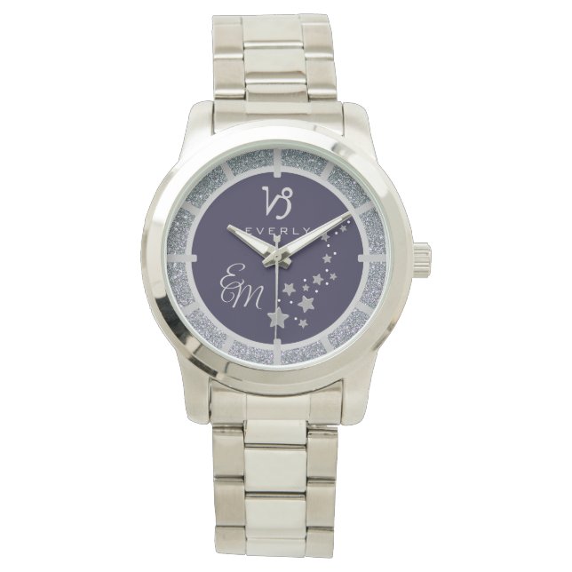 Capricorn Zodiac Silver Glitter Dark Blue Monogram Watch (Front)