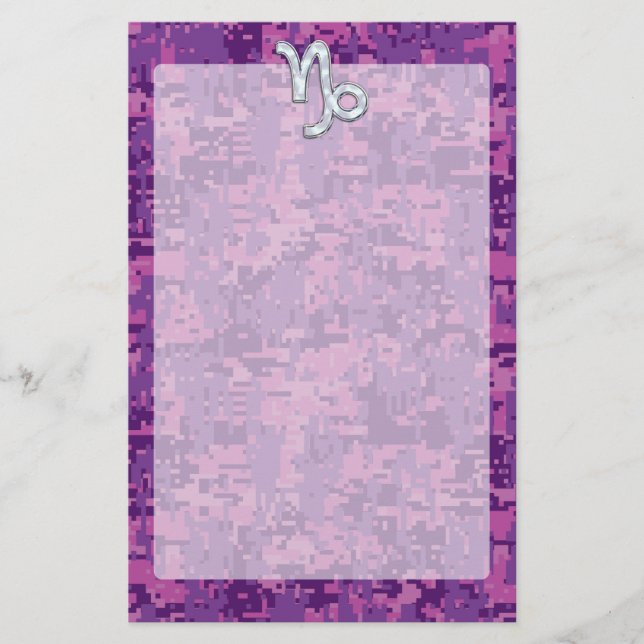 Capricorn Zodiac Symbol Fuchsia Digital Camouflage Stationery (Front)