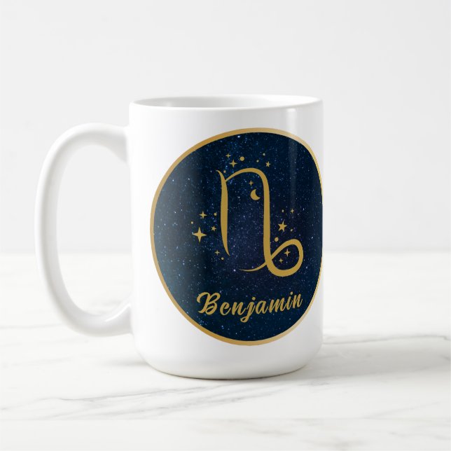 Capricorn zodiac symbol gold blue personalised  coffee mug (Left)