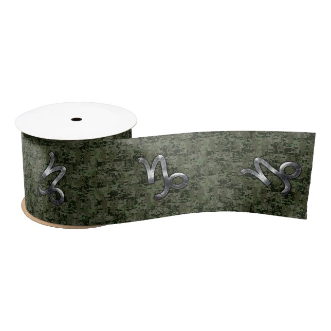 Capricorn Zodiac Symbol Green Digital Camouflage Satin Ribbon (Spool)