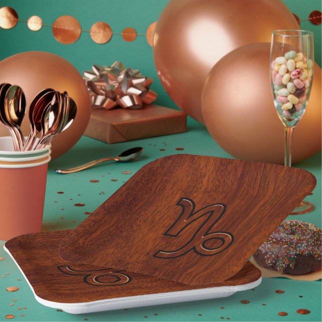 Capricorn Zodiac Symbol in Mahogany Brown Paper Plate (Multi)