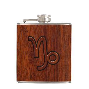 Capricorn Zodiac Symbol in Mahogany Wood Style Hip Flask