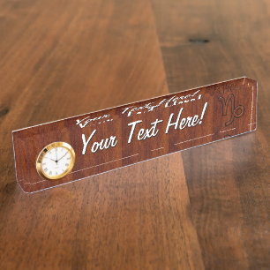 Capricorn Zodiac Symbol in Mahogany Wood Style Nameplate