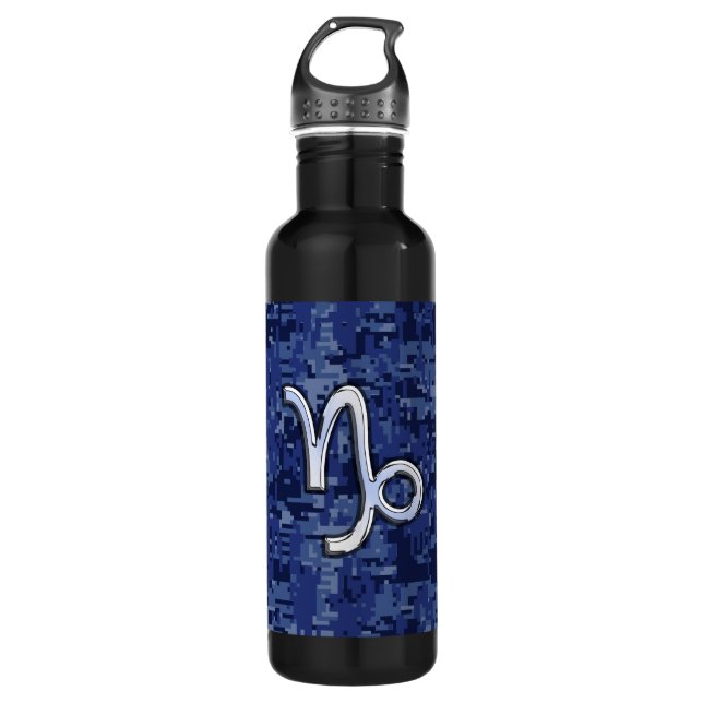 Capricorn Zodiac Symbol on Blue Digital Camo 710 Ml Water Bottle (Front)
