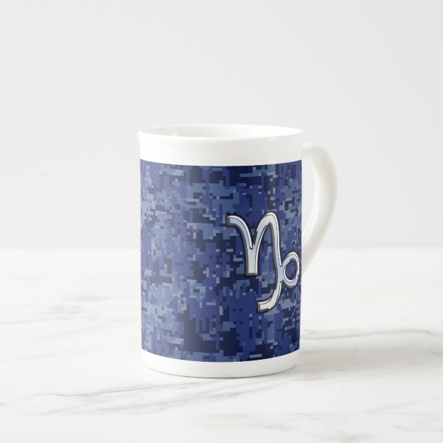 Capricorn Zodiac Symbol on Blue Digital Camo Bone China Mug (Front Right)