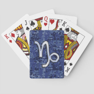 Capricorn Zodiac Symbol on Blue Digital Camo Playing Cards