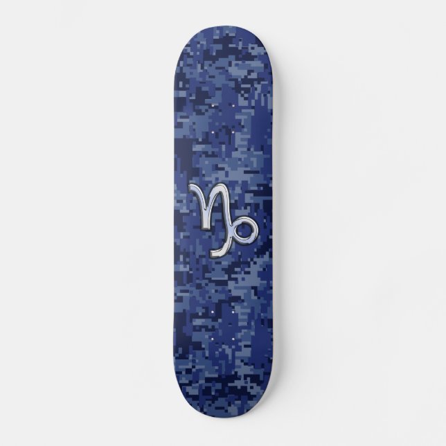 Capricorn Zodiac Symbol on Blue Digital Camo Skateboard (Front)