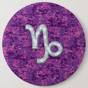 Capricorn Zodiac Symbol on Fuchsia Digital Camo 6 Cm Round Badge