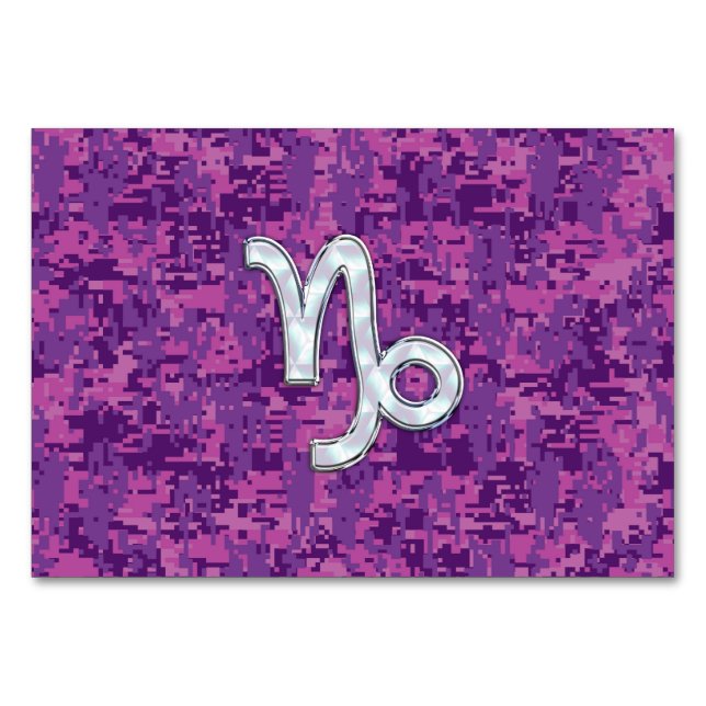 Capricorn Zodiac Symbol on Fuchsia Digital Camo Table Number (Front)