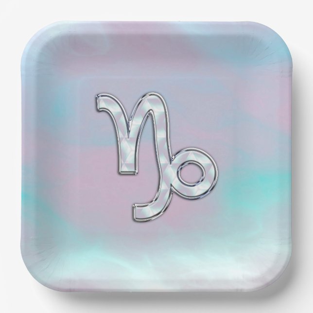 Capricorn Zodiac Symbol on Mother of Pearl Decor Paper Plate (Front)