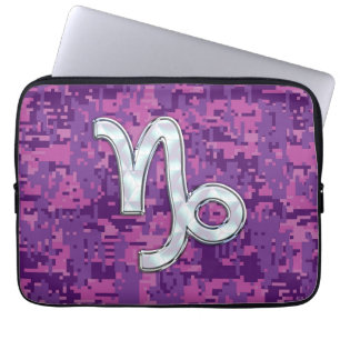 Capricorn Zodiac Symbol on Pink Camouflage Laptop Sleeve