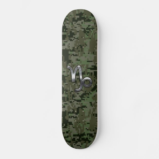 Capricorn Zodiac Symbol Woodland Camouflage Skateboard (Front)