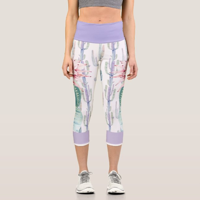 Capris Leggings in a Cacti Design on White (Front)