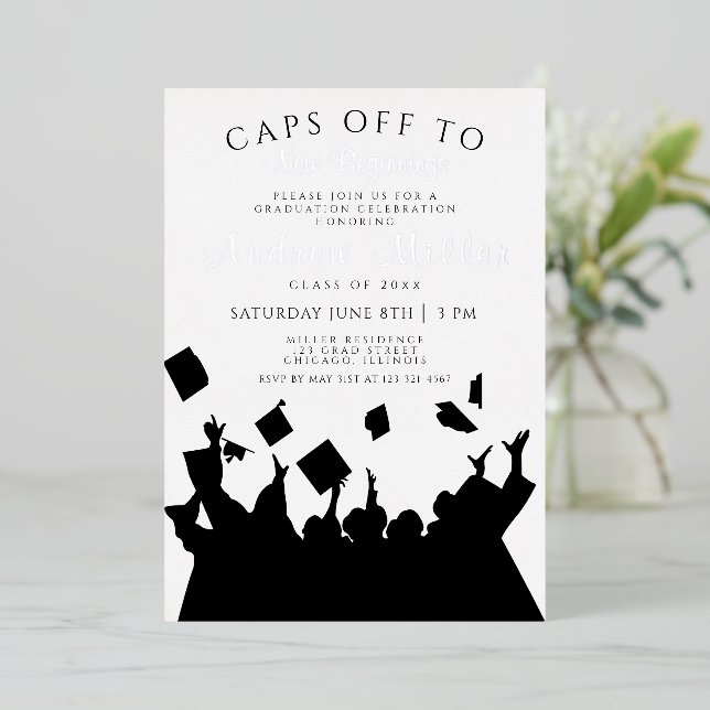 Caps off Graduation Celebration Invitation (Standing Front)