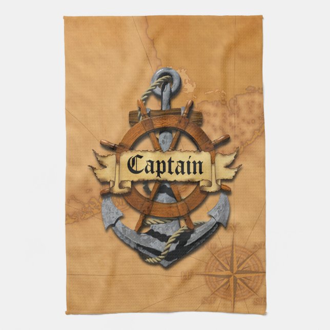 Captain Anchor And Wheel Tea Towel (Vertical)