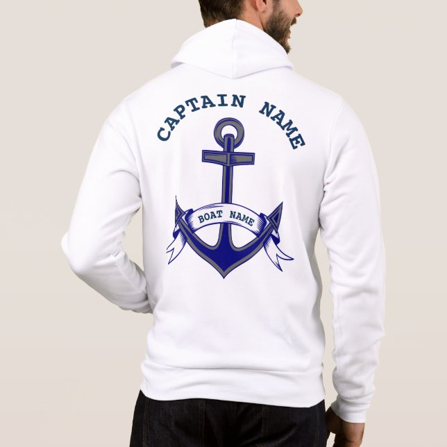Captain Anchor Custom Nautical Blue White Mens Zip Hoodie (Back)